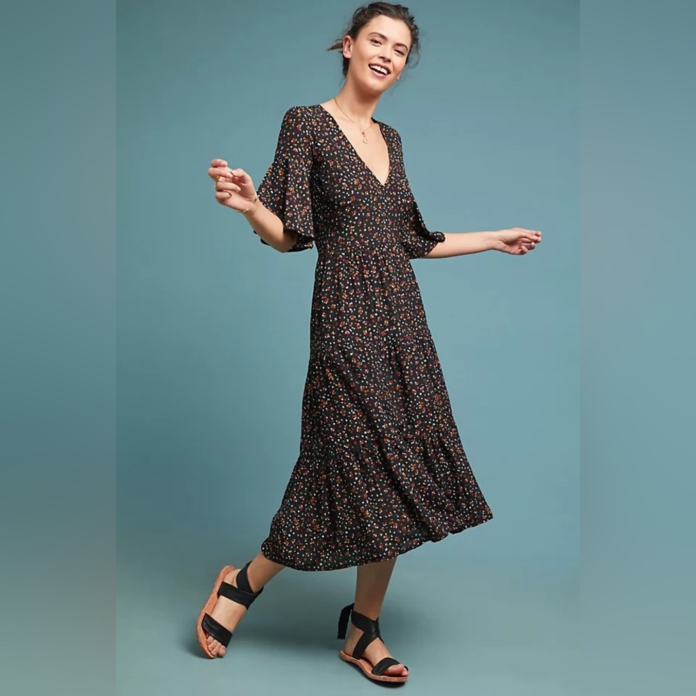 Faithfull the Brand Contrie Black Floral V-Neck Midi Dress